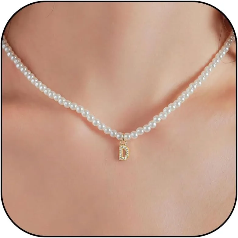 Gold Initial Necklaces for Women Pearl Choker Necklaces for Women Rhinestone Gold Letter Charm Necklace Alphabet Pendant Necklace Dainty Pearl Necklace Jewelry Gifts