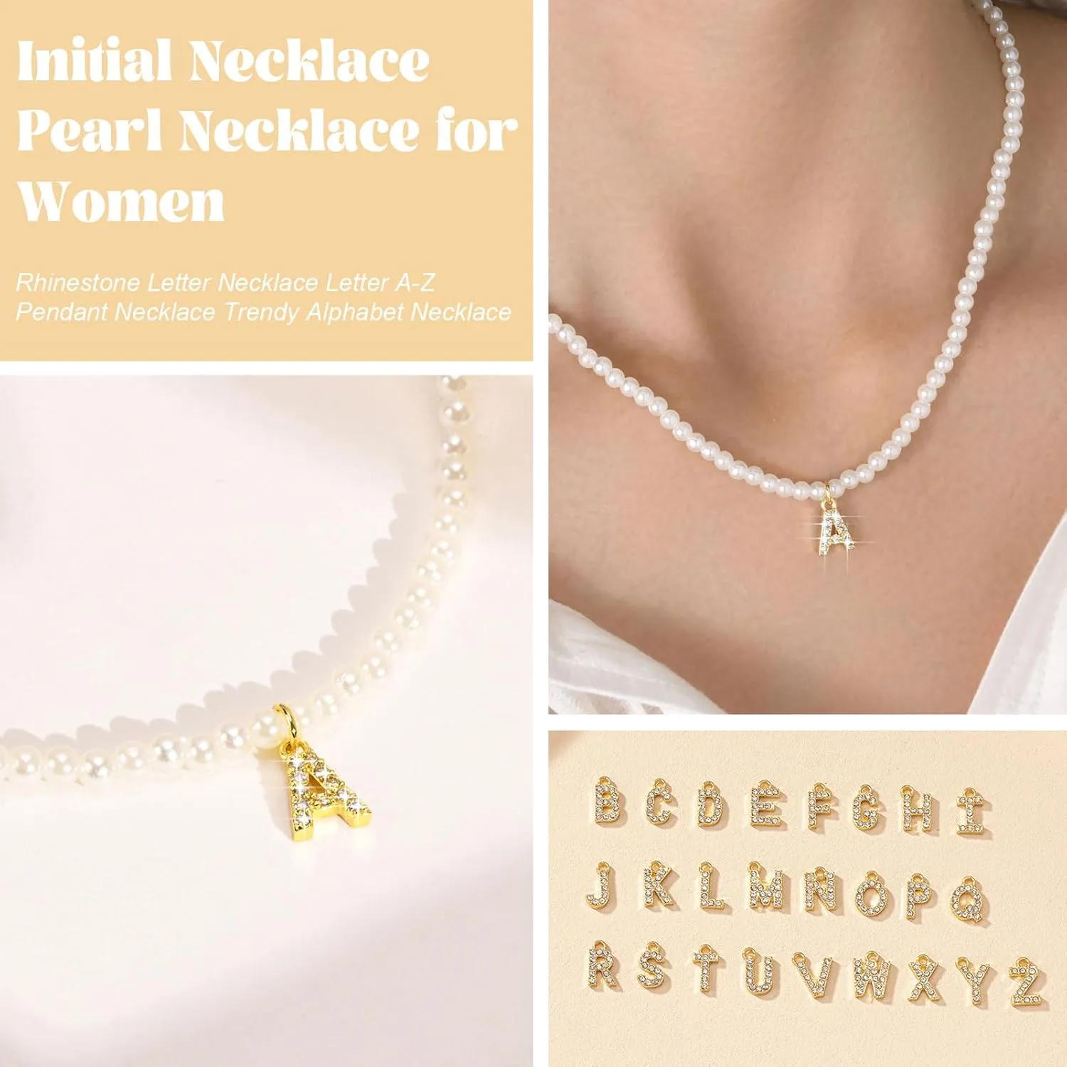 Gold Initial Necklaces for Women Pearl Choker Necklaces for Women Rhinestone Gold Letter Charm Necklace Alphabet Pendant Necklace Dainty Pearl Necklace Jewelry Gifts