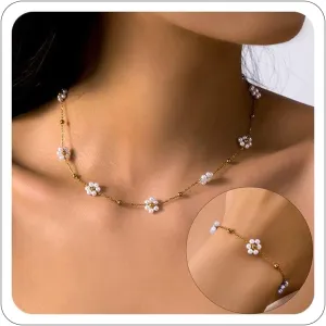 Gold Pearl Necklaces for Women Pearl Necklace Bracelet Set Dainty Daisy Pearl Necklace Bracelets Stack Necklace Bracelets Flower Choker Necklace Christmas Pearl Necklaces Bracelet Jewelry