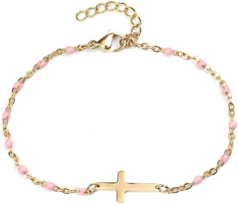 Gold Plated Beads Cross Bracelets Dainty Christian Bracelets Dainty Religious Cross Jewelry Gifts for Women