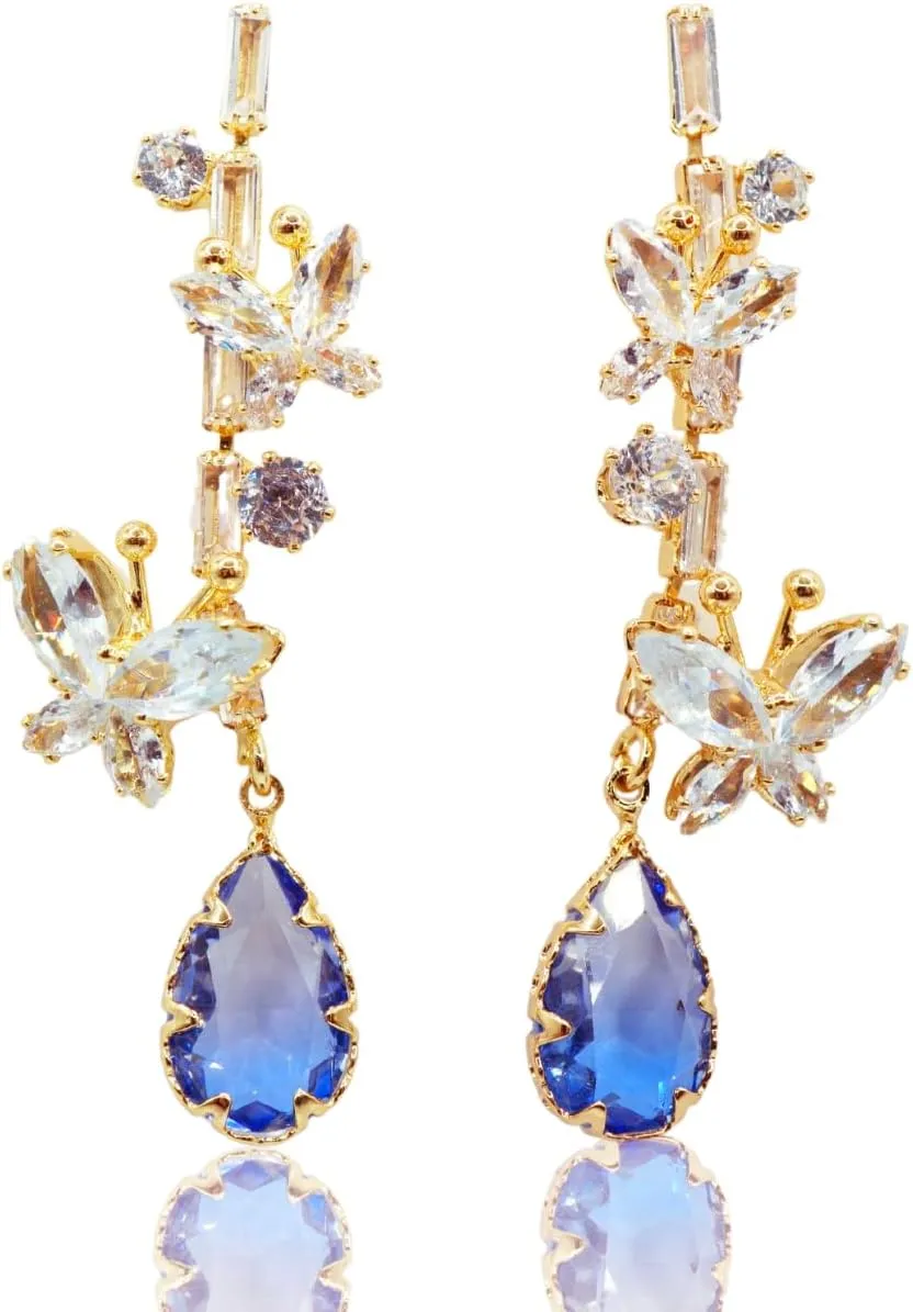 Gold-Plated Butterfly & Zircon Drop Earrings with Blue Teardrop Stone