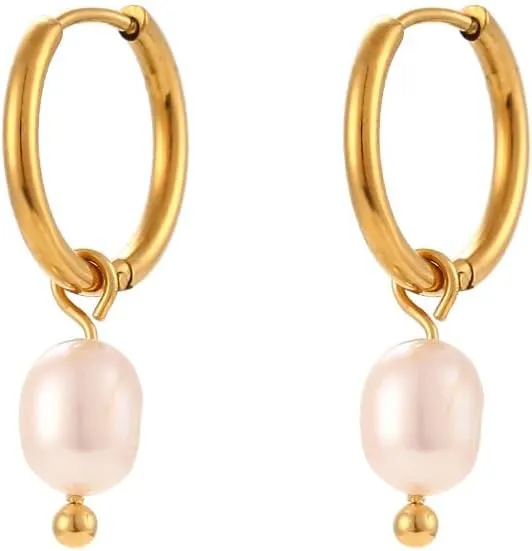 Gold Plated Pearl Hoop Earrings for Women Stainless Steel Minimalist Round Earrings with Natural Gloss Accent