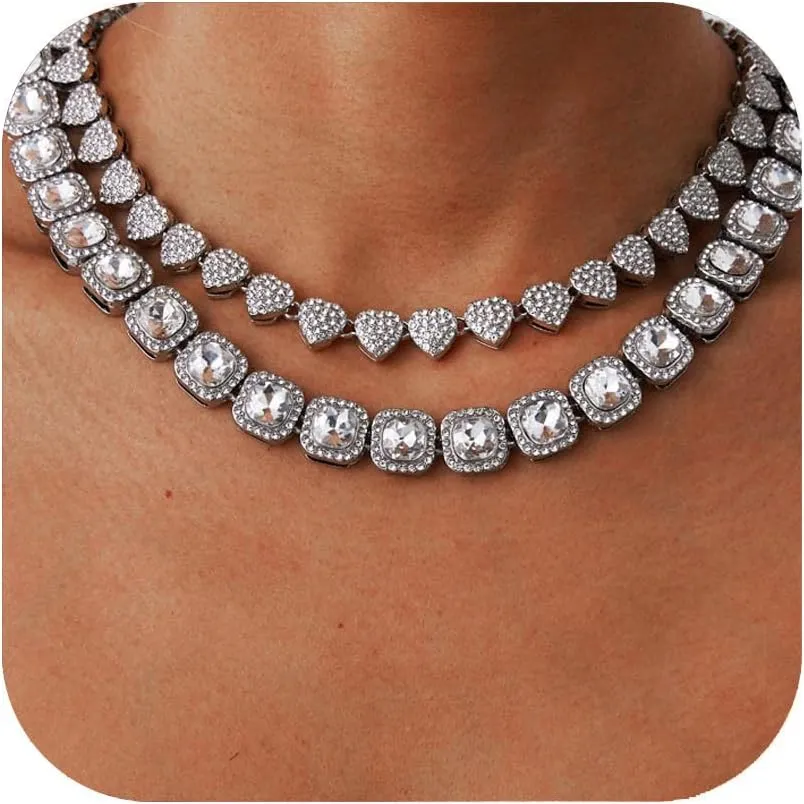 Gold Silver Cuban Link Chain for Women Heart Tennis Necklaces Diamond Chain Choker Necklace Layered Necklace Rhinestone Bling Necklace for Women Hip Hop Jewelry