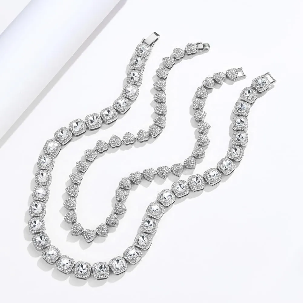 Gold Silver Cuban Link Chain for Women Heart Tennis Necklaces Diamond Chain Choker Necklace Layered Necklace Rhinestone Bling Necklace for Women Hip Hop Jewelry