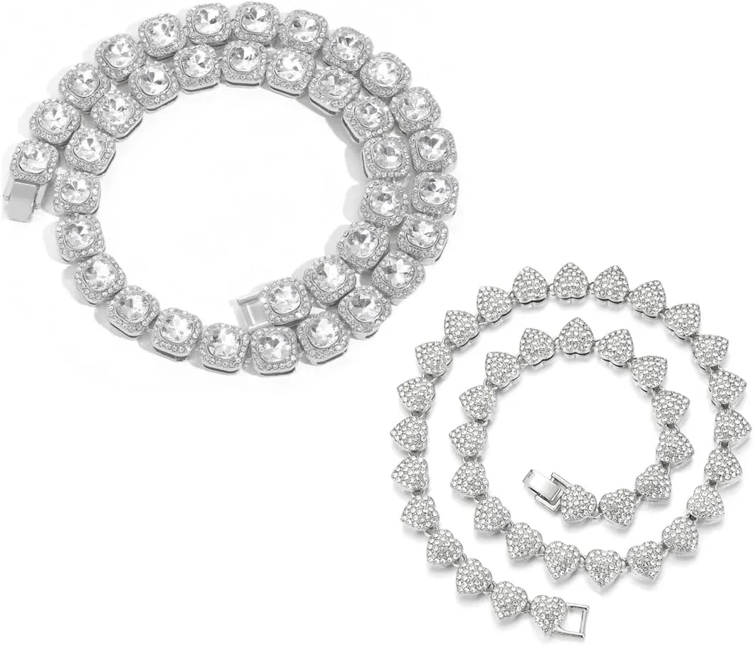 Gold Silver Cuban Link Chain for Women Heart Tennis Necklaces Diamond Chain Choker Necklace Layered Necklace Rhinestone Bling Necklace for Women Hip Hop Jewelry