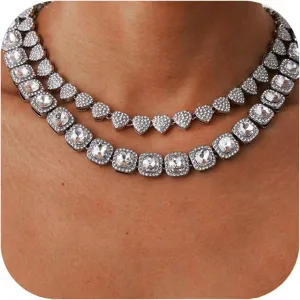 Gold Silver Cuban Link Chain for Women Heart Tennis Necklaces Diamond Chain Choker Necklace Layered Necklace Rhinestone Bling Necklace for Women Hip Hop Jewelry