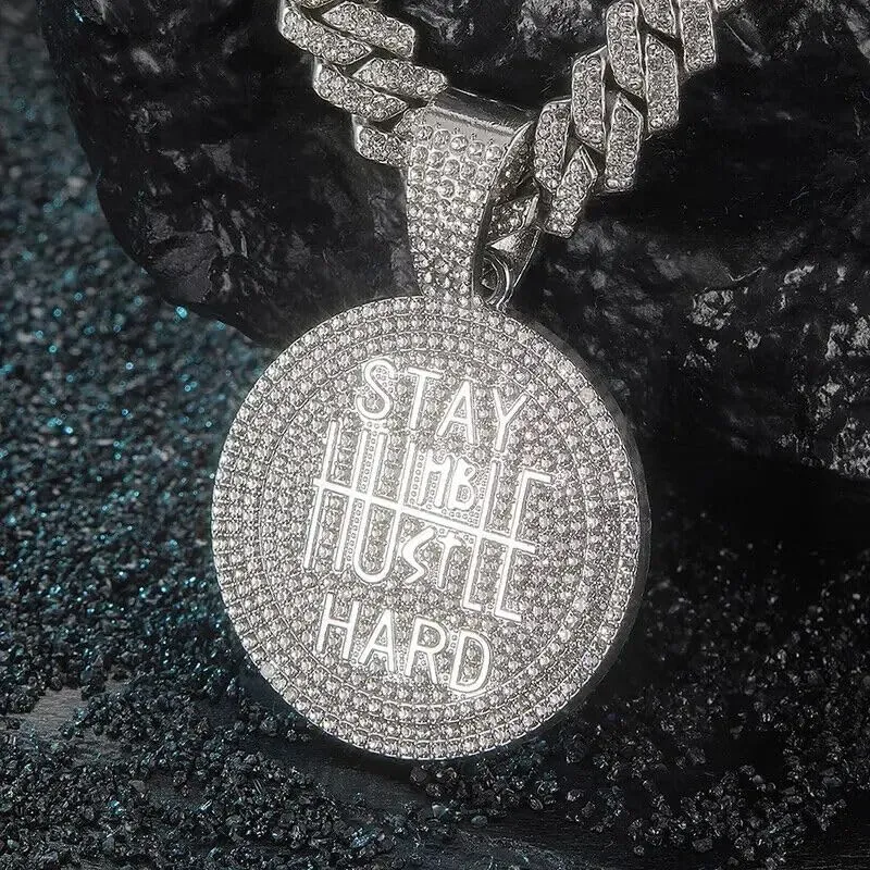 Gold Silver Plated STAY HUMBLE HUSTLE HARD Pendant & 14mm 20" Iced out Cubic Zirconia Zig Zag Cuban Bling Chain Hip Hop Necklace for Men, Women, Unisex