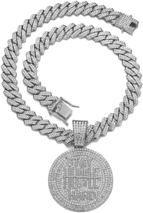 Gold Silver Plated STAY HUMBLE HUSTLE HARD Pendant & 14mm 20" Iced out Cubic Zirconia Zig Zag Cuban Bling Chain Hip Hop Necklace for Men, Women, Unisex