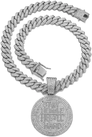 Gold Silver Plated STAY HUMBLE HUSTLE HARD Pendant & 14mm 20" Iced out Cubic Zirconia Zig Zag Cuban Bling Chain Hip Hop Necklace for Men, Women, Unisex