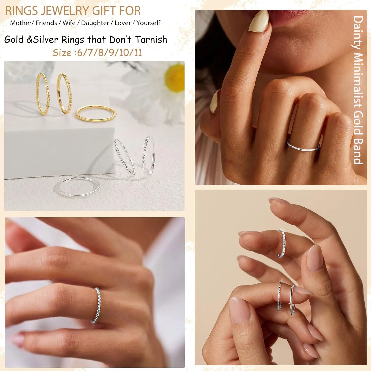Gold Silver Rings for Women Non Tarnish Stackable Thin Gold Ring 18K Gold Plated Dainty Ring Set Trendy Thumb Pinky Knuckle Ring Wedding Bands Promise Engagement Gold Jewelry Rings Size 6 7 8 9 10 11