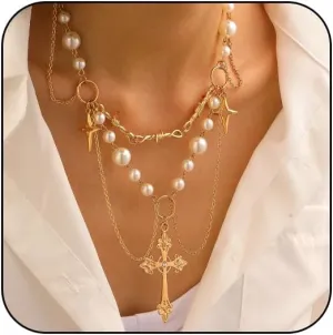 Gothic Layered Pearl Big Cross Choker Necklaces for Women Gothic Cross Pearl Necklace Vintage Chunky Zirconia Cross Tassels Necklaces Y2K Jewelry Goth Accessories