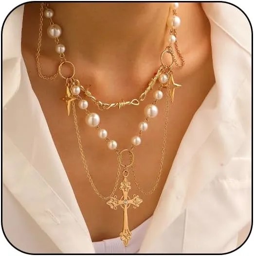 Gothic Layered Pearl Big Cross Choker Necklaces for Women Gothic Cross Pearl Necklace Vintage Chunky Zirconia Cross Tassels Necklaces Y2K Jewelry Goth Accessories