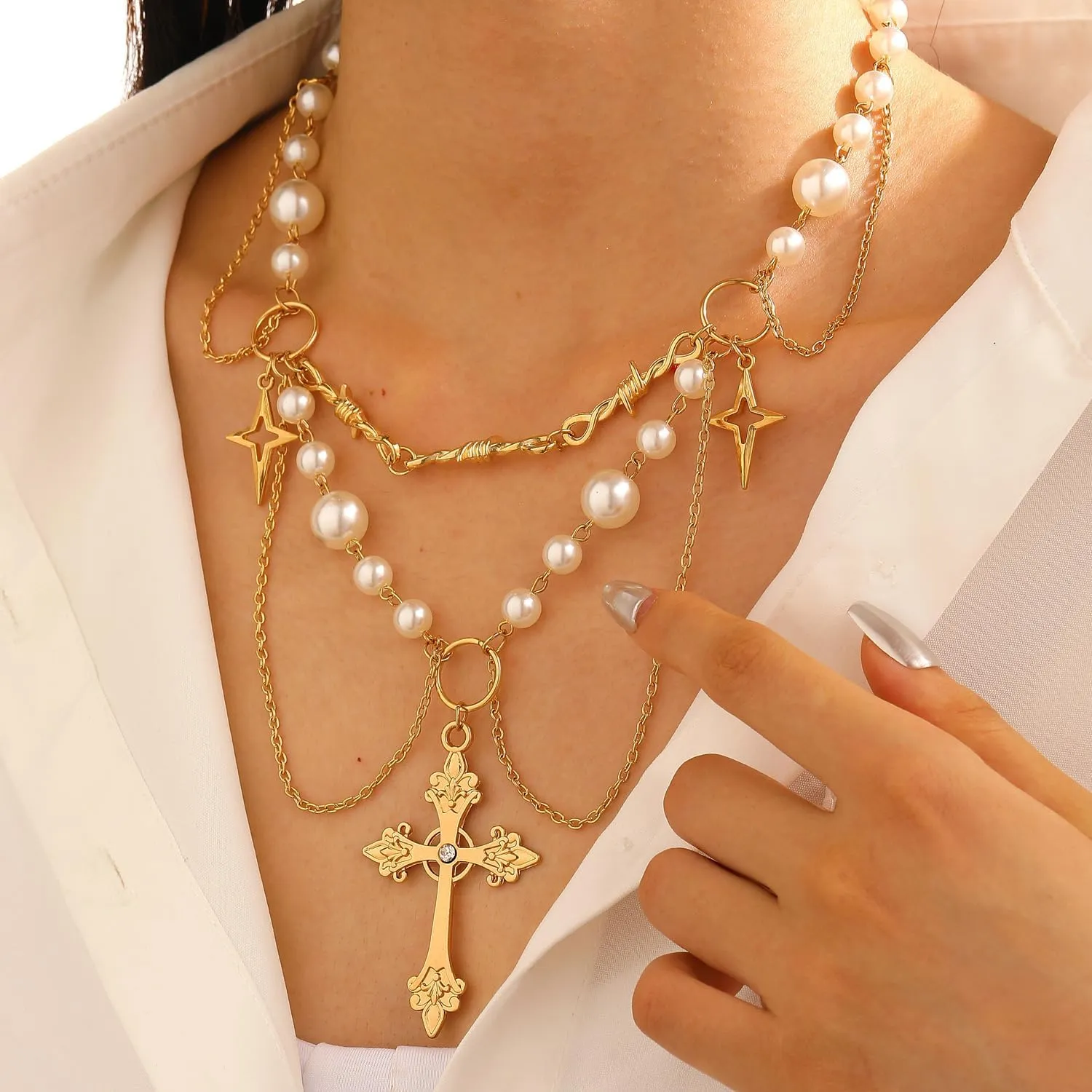 Gothic Layered Pearl Big Cross Choker Necklaces for Women Gothic Cross Pearl Necklace Vintage Chunky Zirconia Cross Tassels Necklaces Y2K Jewelry Goth Accessories