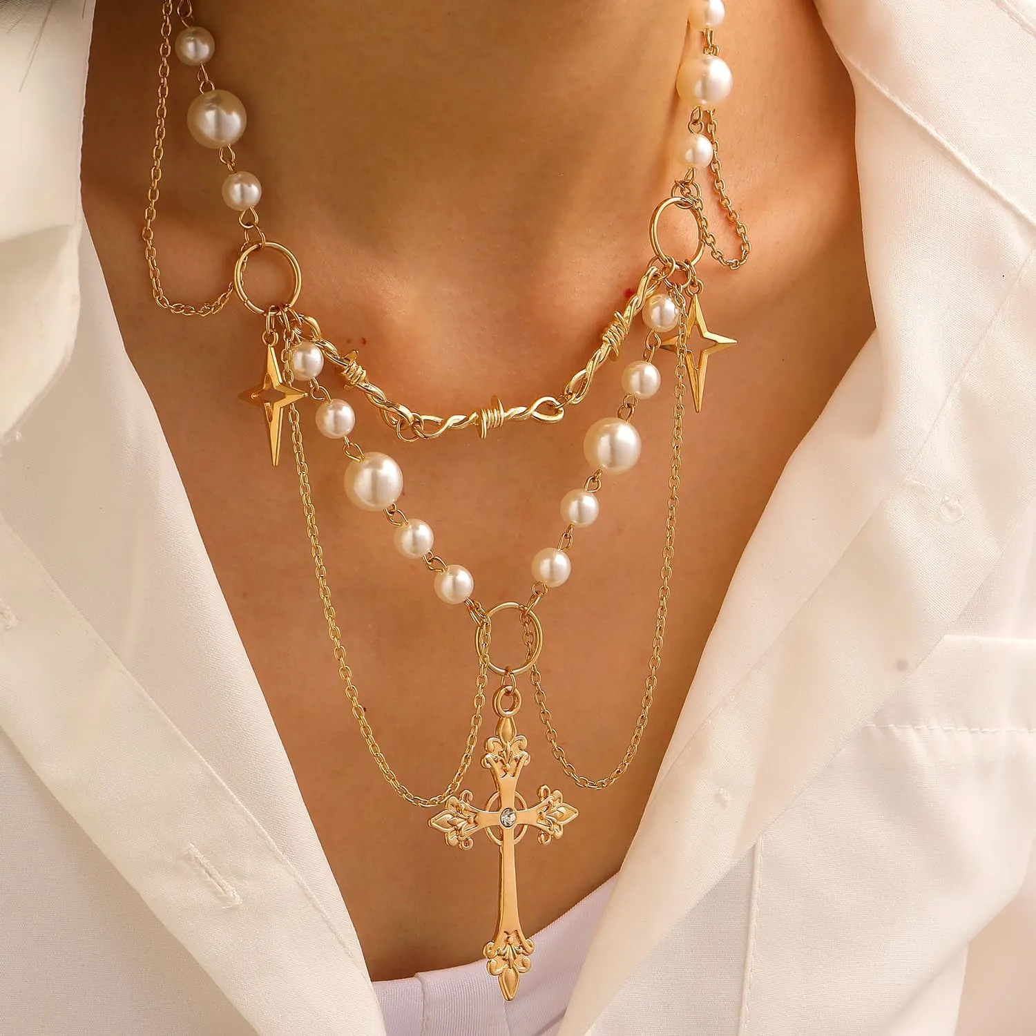 Gothic Layered Pearl Big Cross Choker Necklaces for Women Gothic Cross Pearl Necklace Vintage Chunky Zirconia Cross Tassels Necklaces Y2K Jewelry Goth Accessories