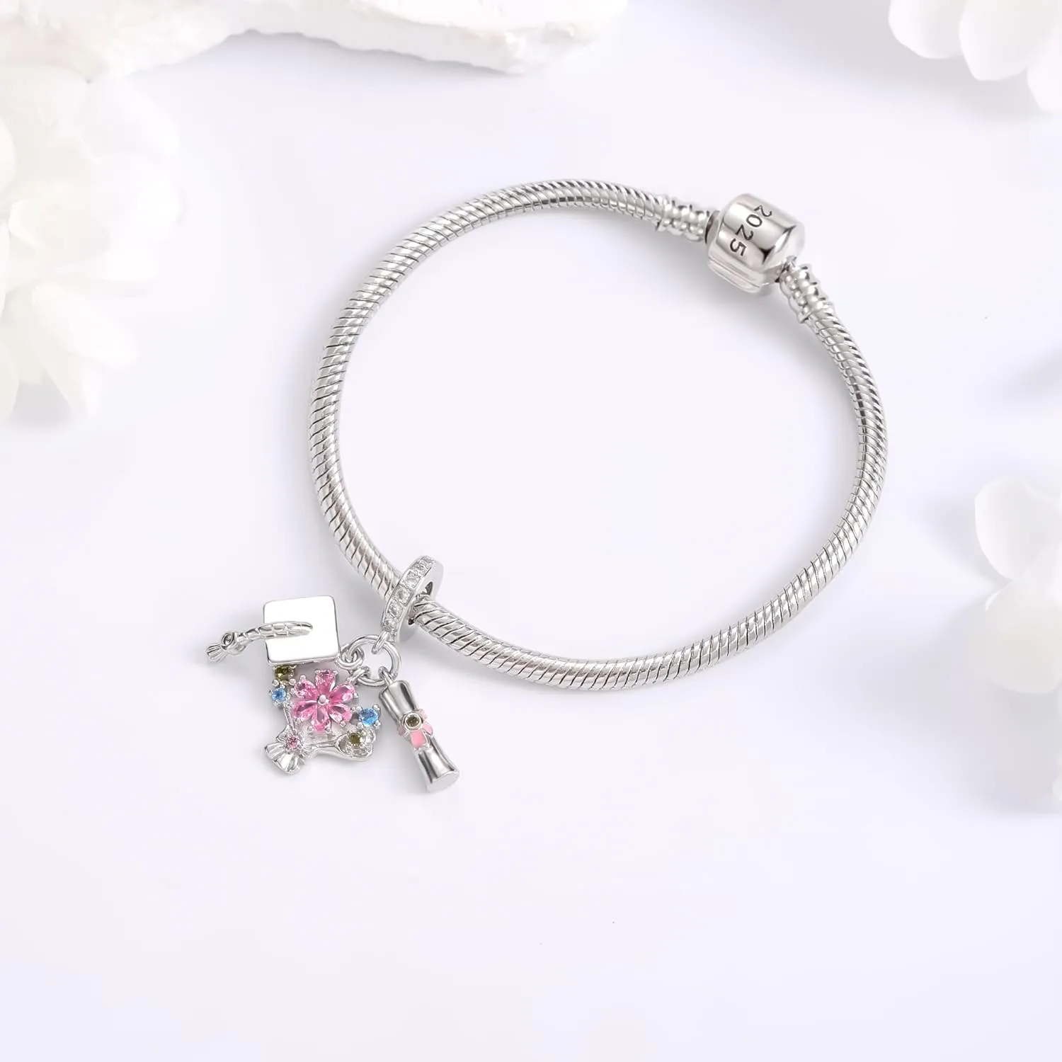 Graduation Bracelets with Triple Dangle Charm Silver Bracelets For Women Flower Stone Bracelets For Women High School Graduation Gifts For Her 2025 Inspirational Gifts