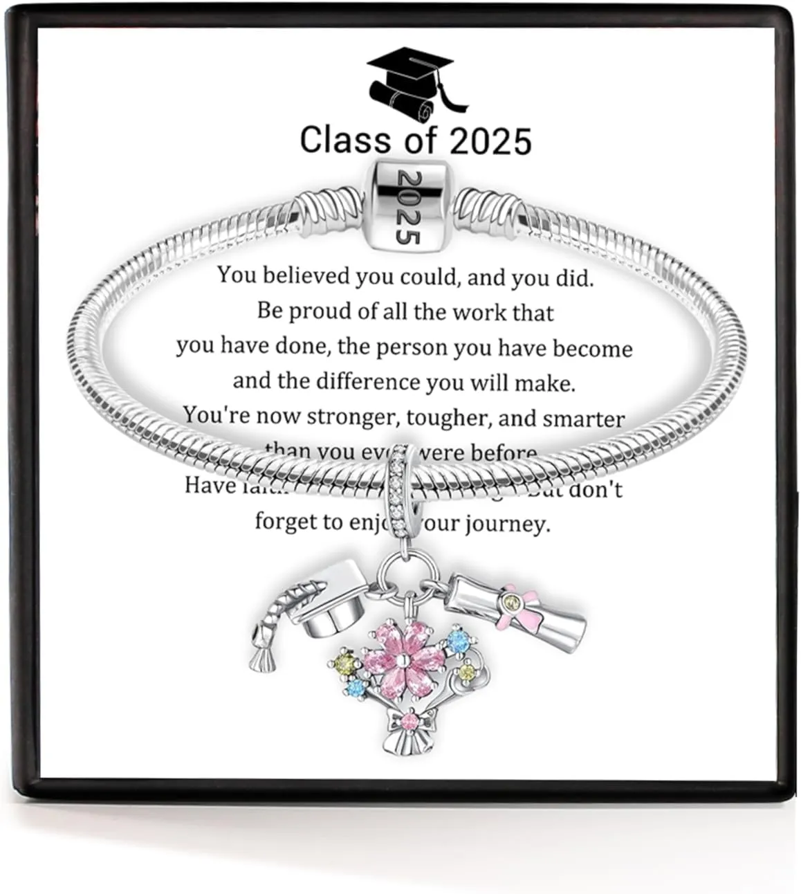 Graduation Bracelets with Triple Dangle Charm Silver Bracelets For Women Flower Stone Bracelets For Women High School Graduation Gifts For Her 2025 Inspirational Gifts