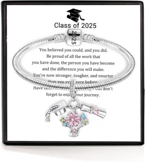 Graduation Bracelets with Triple Dangle Charm Silver Bracelets For Women Flower Stone Bracelets For Women High School Graduation Gifts For Her 2025 Inspirational Gifts