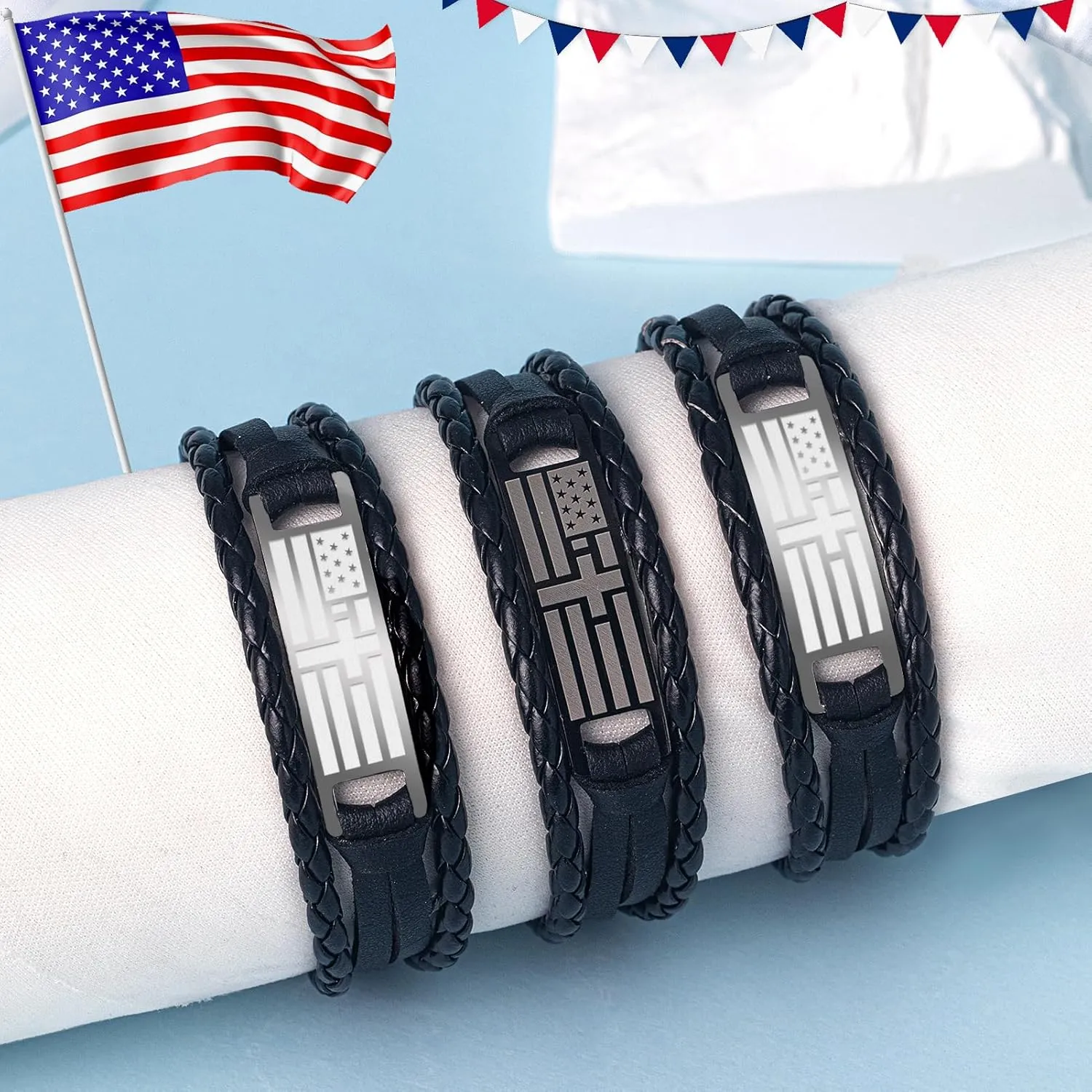 Graduation Gifts, Fathers Day Gifts, Black Braided leather Bracelets for Men Him Dad Husband Teens American Flag Cross Bible Verse Bracelet Christian Gifts Religious Jewelry Catholic