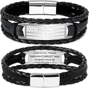 Graduation Gifts, Fathers Day Gifts, Black Braided leather Bracelets for Men Him Dad Husband Teens American Flag Cross Bible Verse Bracelet Christian Gifts Religious Jewelry Catholic