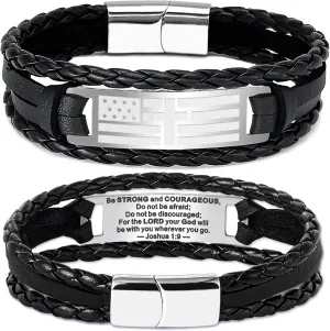 Graduation Gifts, Fathers Day Gifts, Black Braided leather Bracelets for Men Him Dad Husband Teens American Flag Cross Bible Verse Bracelet Christian Gifts Religious Jewelry Catholic