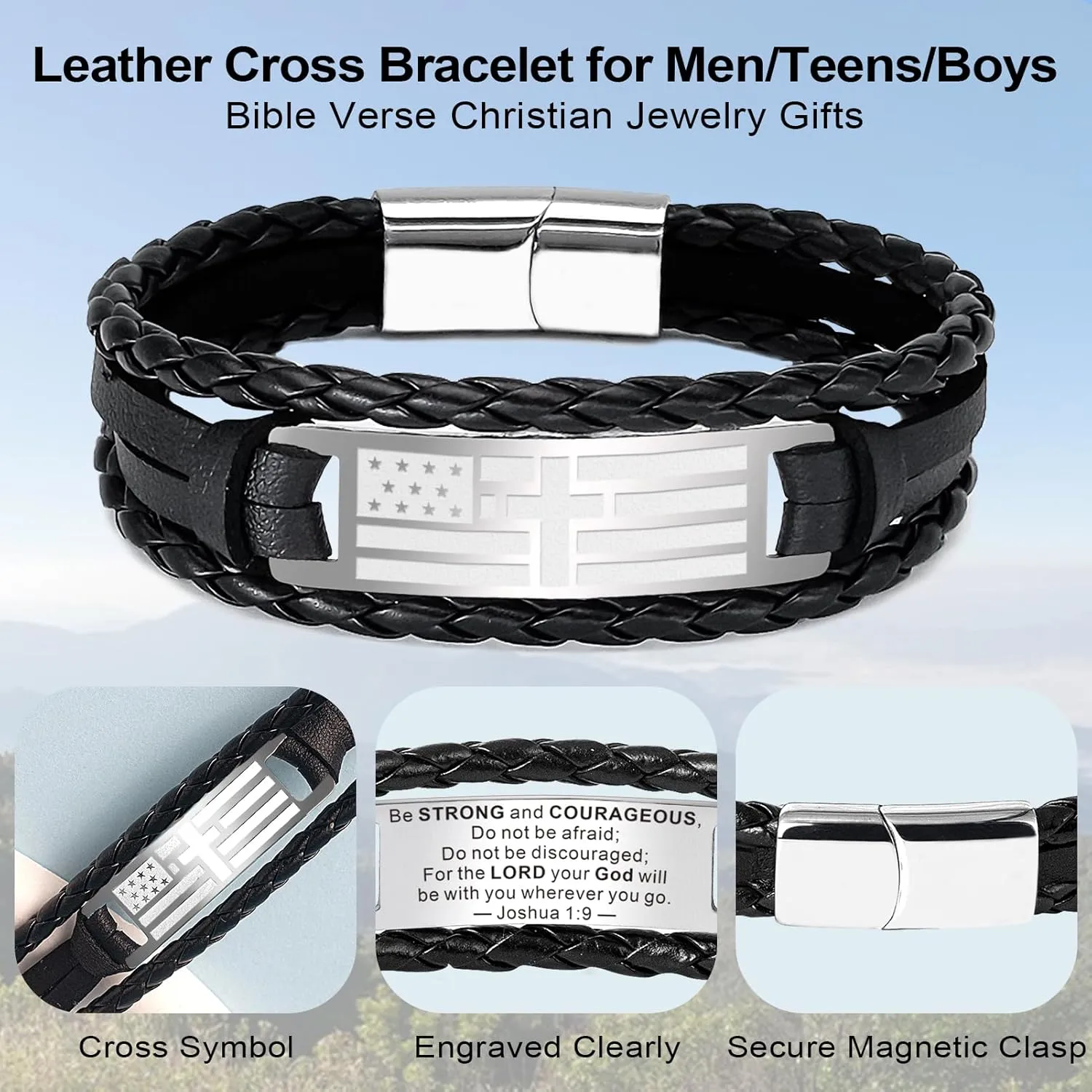 Graduation Gifts, Fathers Day Gifts, Black Braided leather Bracelets for Men Him Dad Husband Teens American Flag Cross Bible Verse Bracelet Christian Gifts Religious Jewelry Catholic