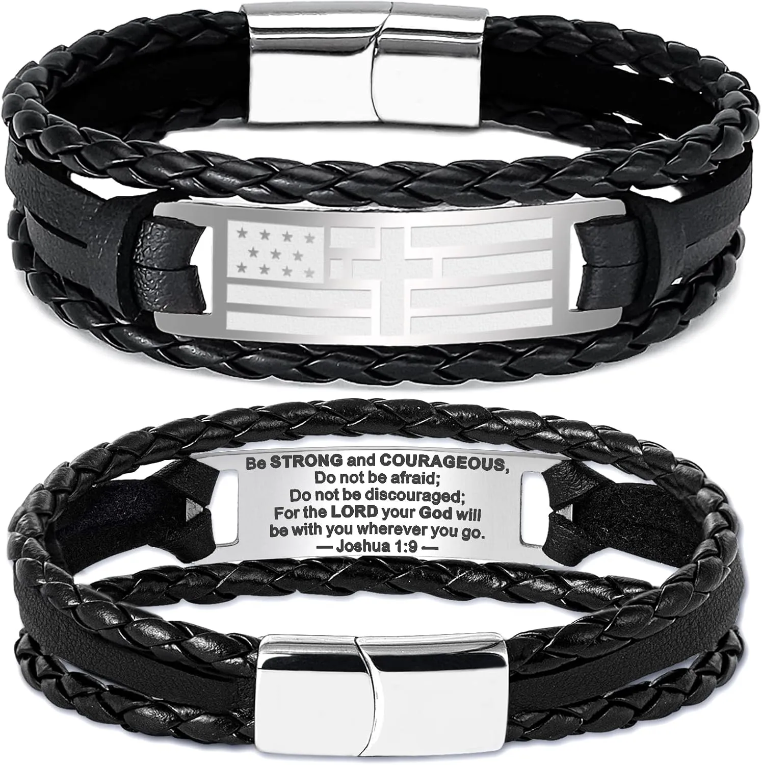 Graduation Gifts, Fathers Day Gifts, Black Braided leather Bracelets for Men Him Dad Husband Teens American Flag Cross Bible Verse Bracelet Christian Gifts Religious Jewelry Catholic