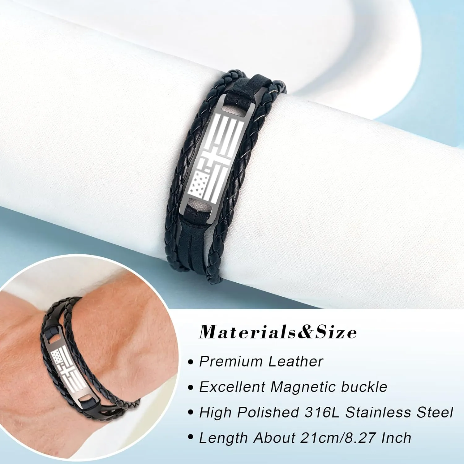 Graduation Gifts, Fathers Day Gifts, Black Braided leather Bracelets for Men Him Dad Husband Teens American Flag Cross Bible Verse Bracelet Christian Gifts Religious Jewelry Catholic