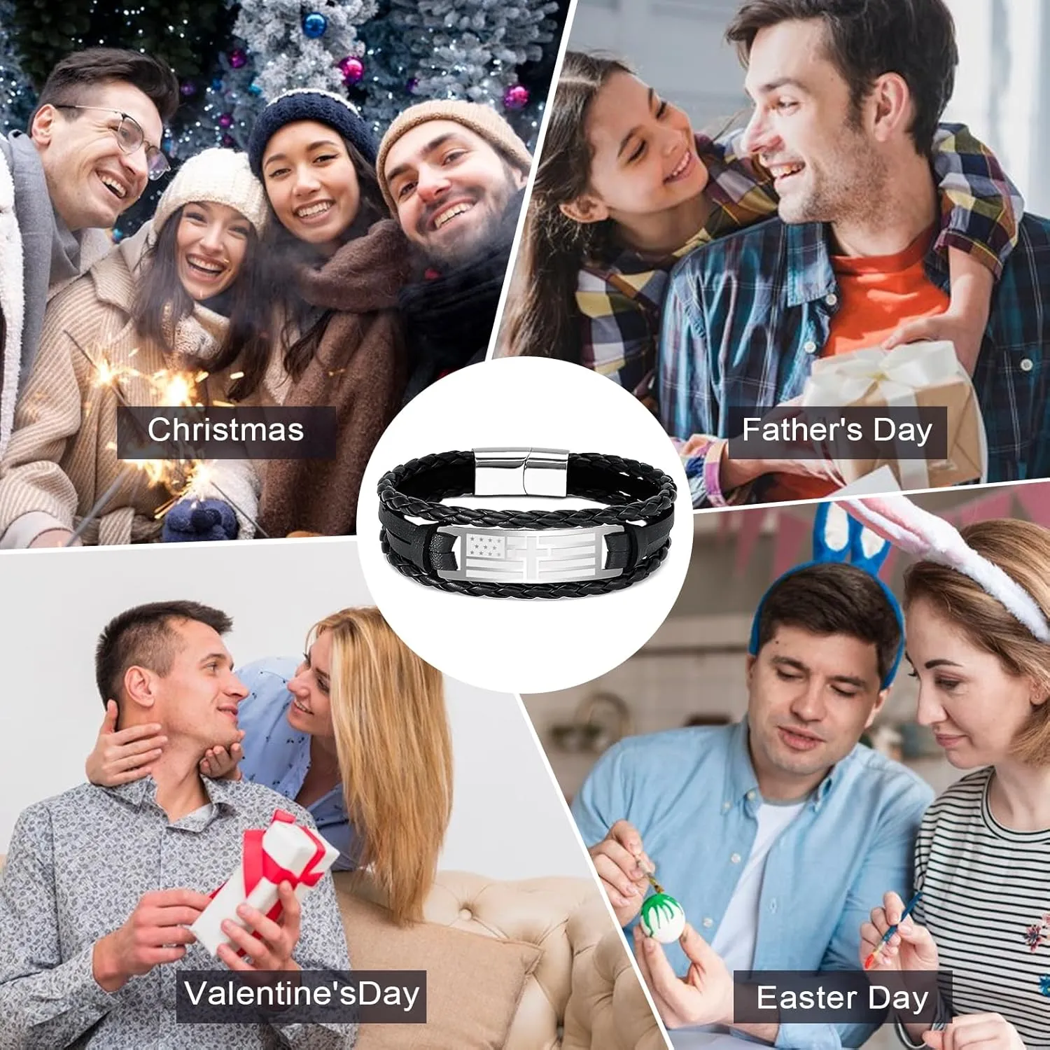 Graduation Gifts, Fathers Day Gifts, Black Braided leather Bracelets for Men Him Dad Husband Teens American Flag Cross Bible Verse Bracelet Christian Gifts Religious Jewelry Catholic