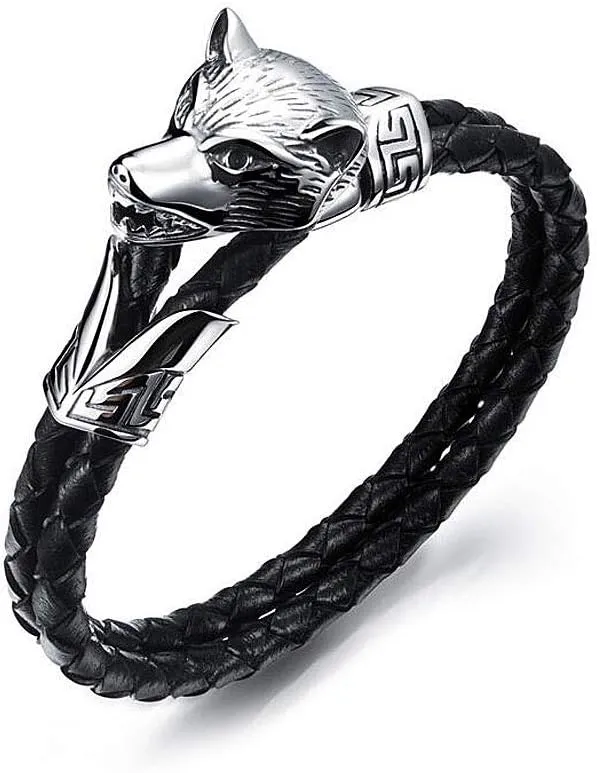 Gypsy Boho Hippie Bohemian Fleur-de-lis Skull Love Wolf Snake Black Leather Braided Rope Bracelets for Women Men