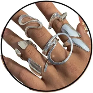 GYRMMUE Chunky Rings Set,Vintage Geometric Curved Kunckle Rings Irregular Hollow Stackable Rings Open Adjustable Statement Finger Rings Jewelry for Women