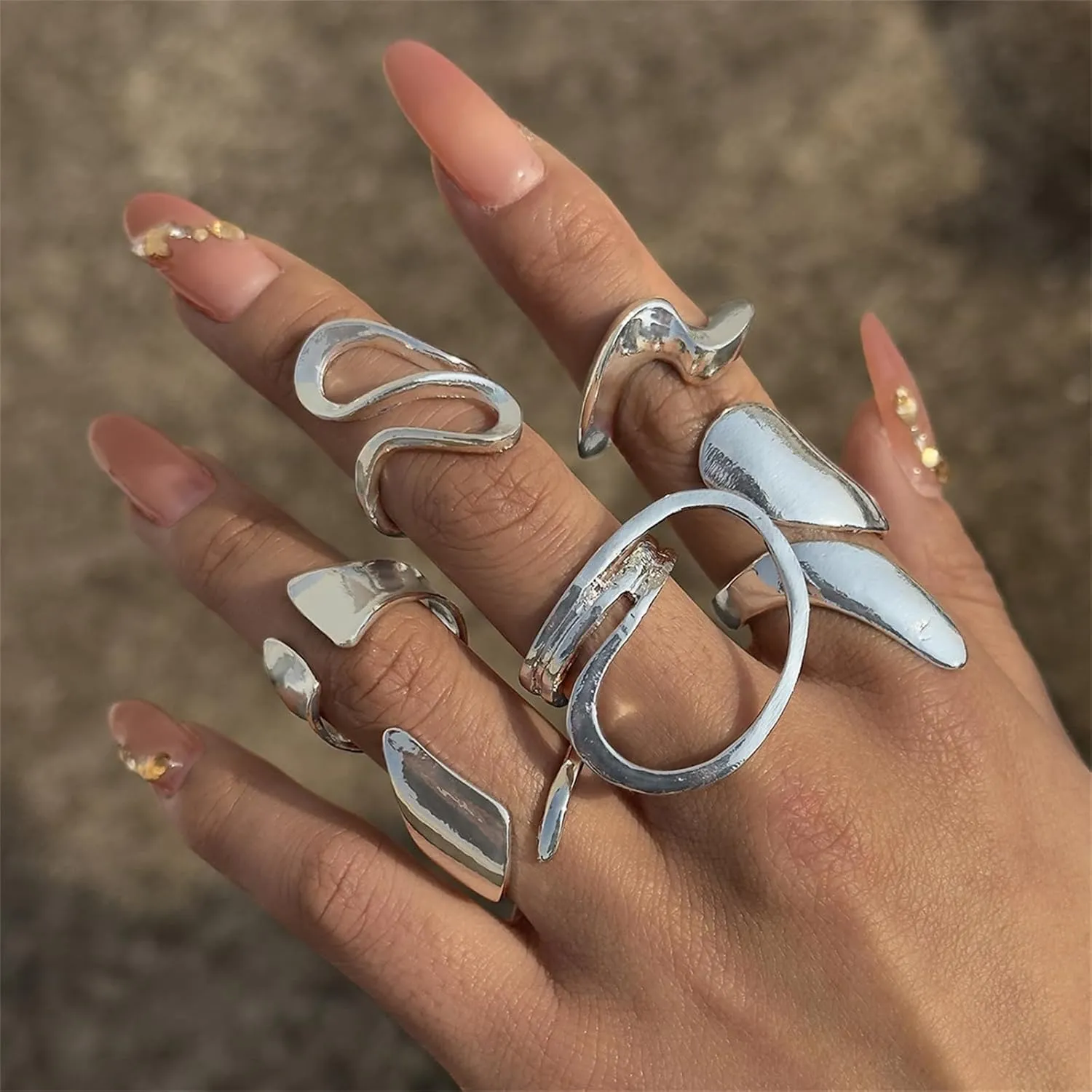 GYRMMUE Chunky Rings Set,Vintage Geometric Curved Kunckle Rings Irregular Hollow Stackable Rings Open Adjustable Statement Finger Rings Jewelry for Women