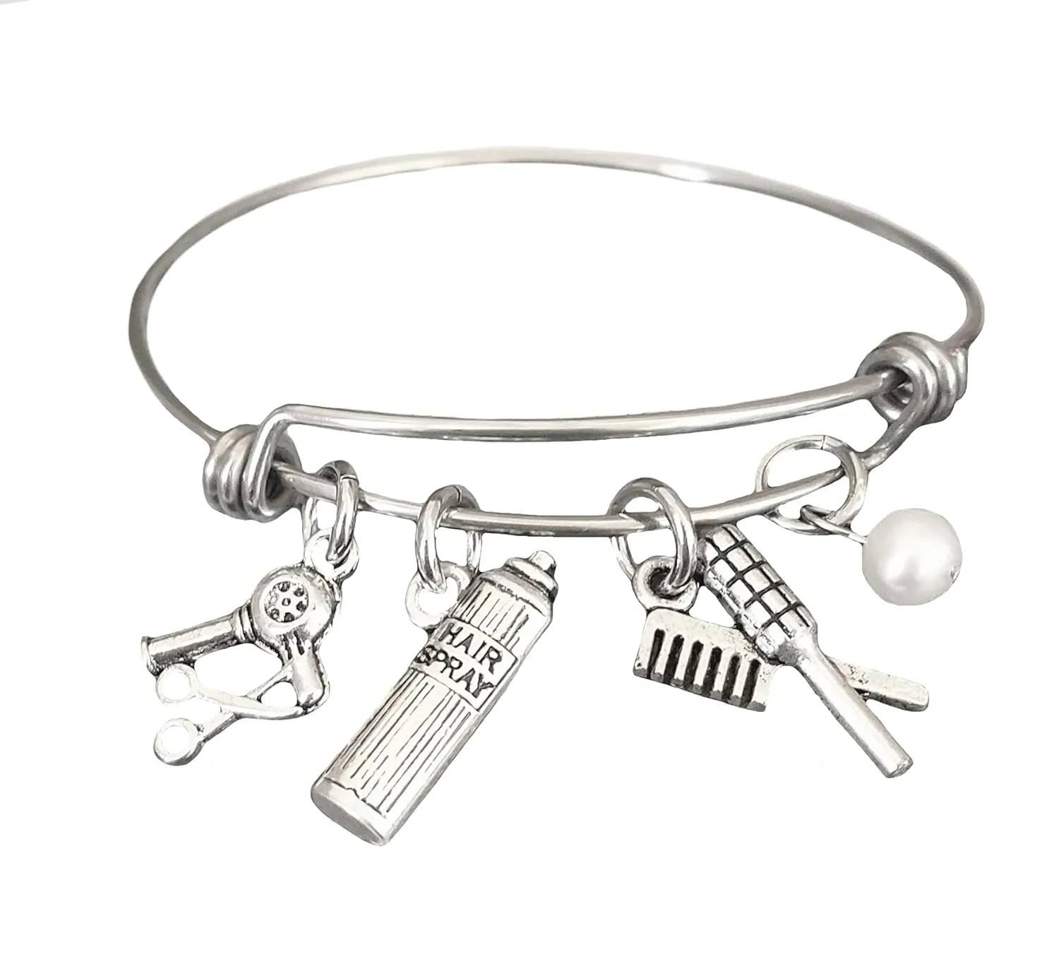 Hairdresser Beautician Pearl Handmade Charm Bracelet on a Stainless Steel Expandable Bangle