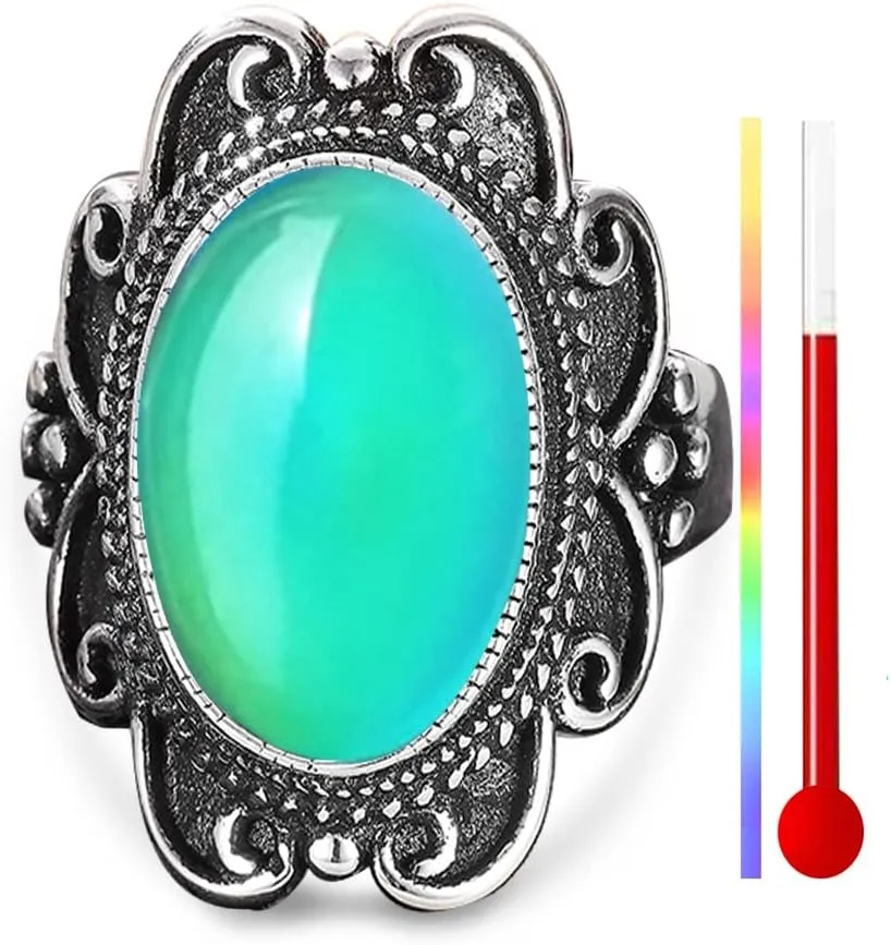 HAIXIAN Temperature-Control Color Changing Crystal Ring,Adjustable S925 Sterling Silver Retro Mystery Gemstone Changeable Boho Statement Ring Jewelry