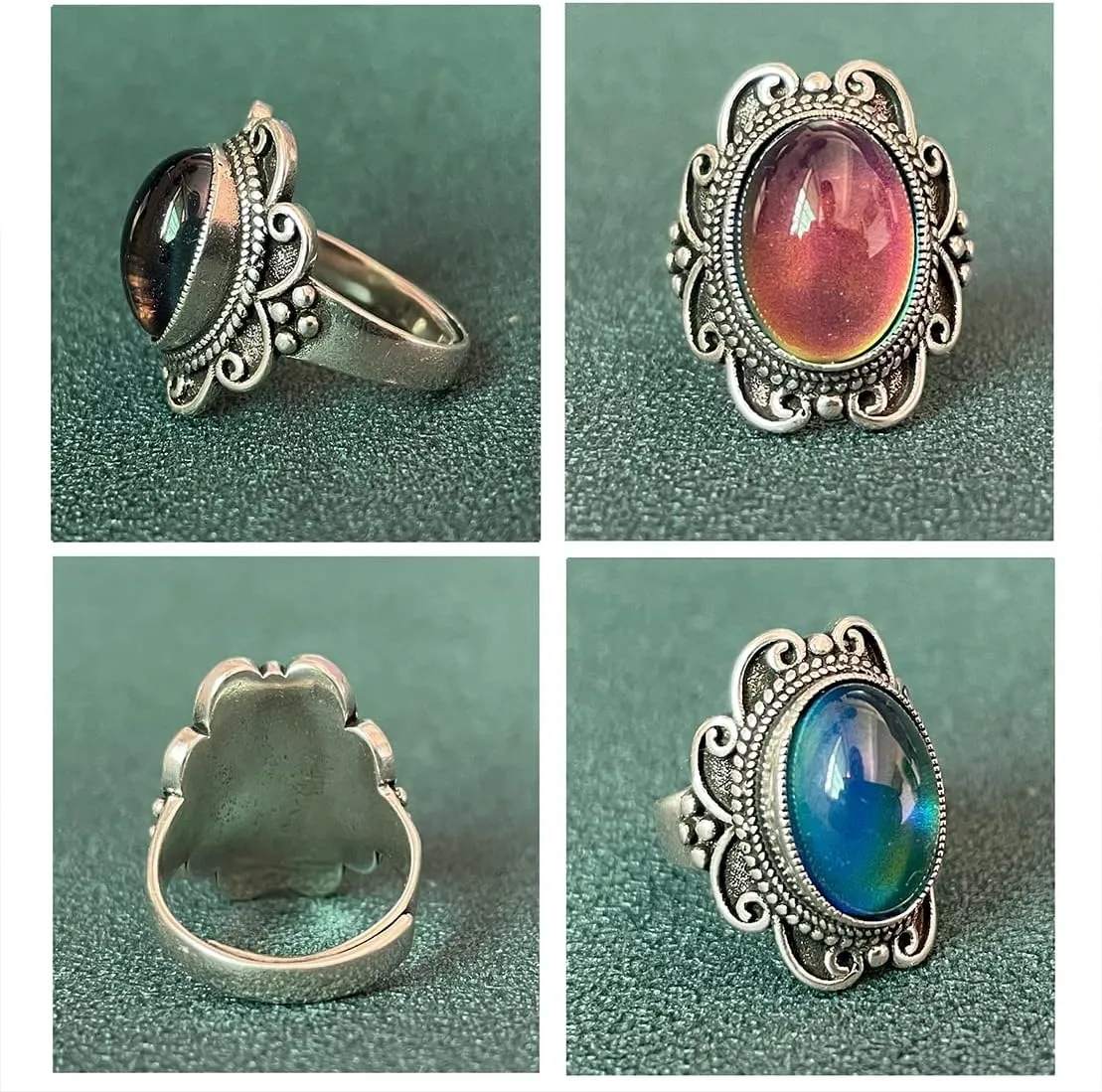 HAIXIAN Temperature-Control Color Changing Crystal Ring,Adjustable S925 Sterling Silver Retro Mystery Gemstone Changeable Boho Statement Ring Jewelry