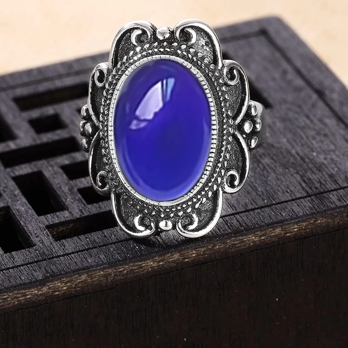 HAIXIAN Temperature-Control Color Changing Crystal Ring,Adjustable S925 Sterling Silver Retro Mystery Gemstone Changeable Boho Statement Ring Jewelry