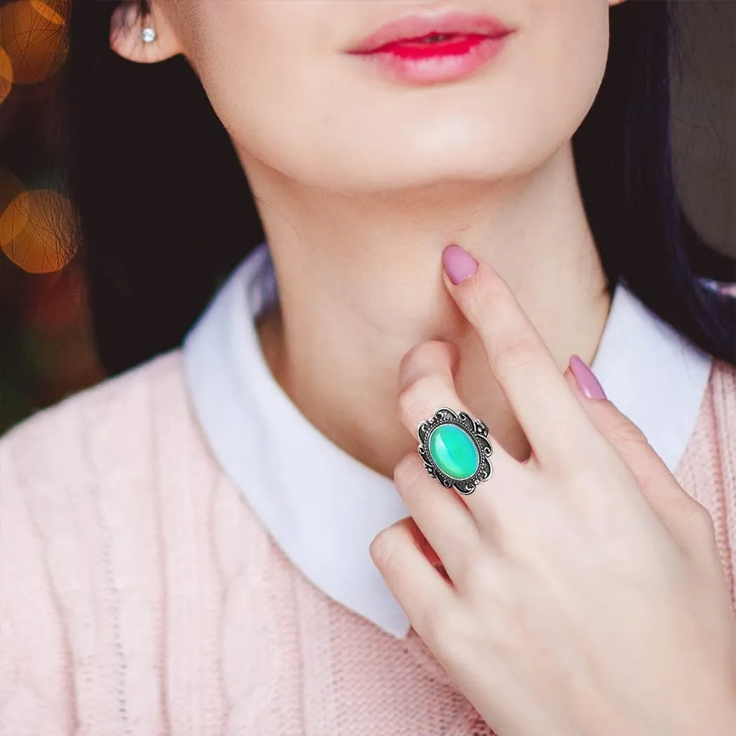 HAIXIAN Temperature-Control Color Changing Crystal Ring,Adjustable S925 Sterling Silver Retro Mystery Gemstone Changeable Boho Statement Ring Jewelry