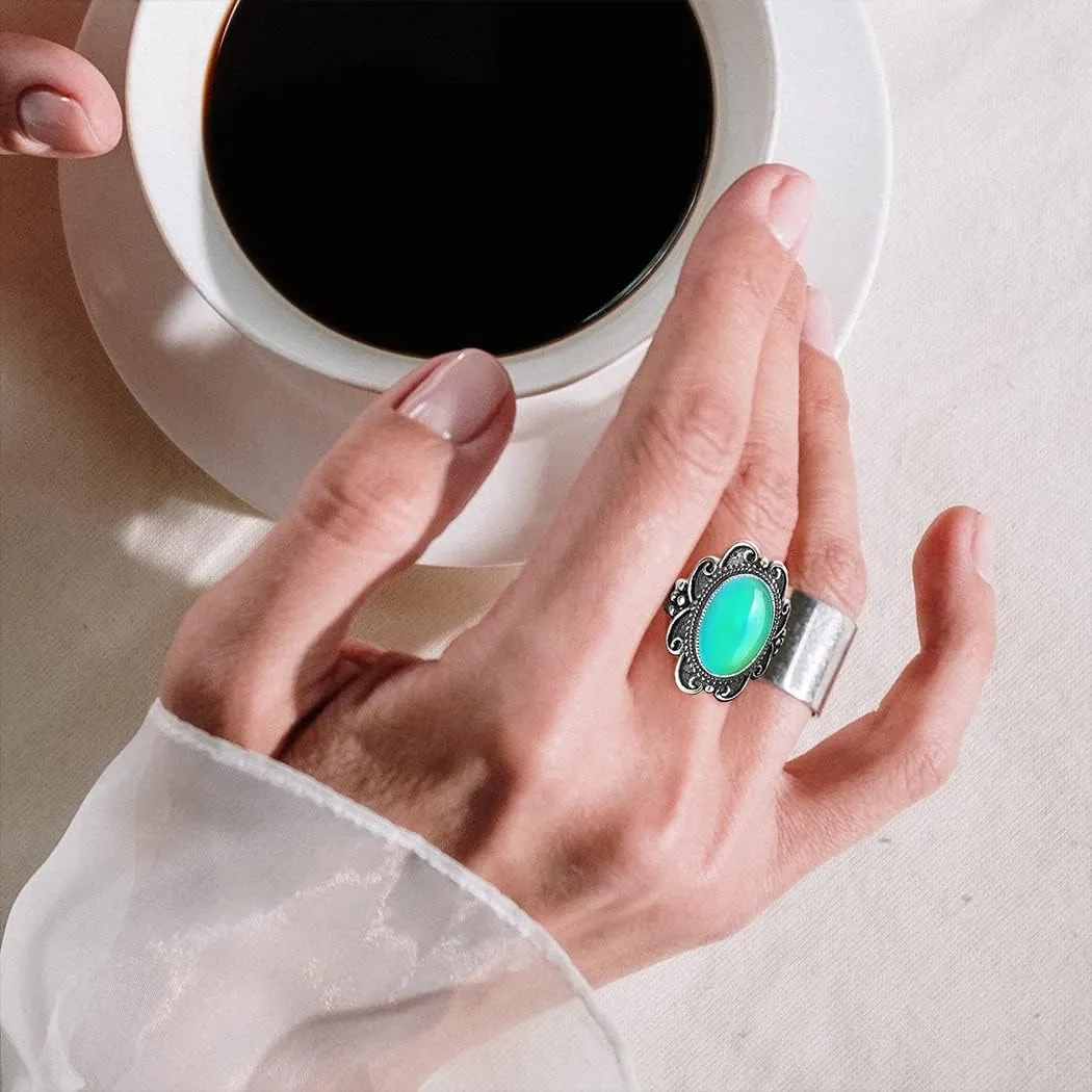 HAIXIAN Temperature-Control Color Changing Crystal Ring,Adjustable S925 Sterling Silver Retro Mystery Gemstone Changeable Boho Statement Ring Jewelry