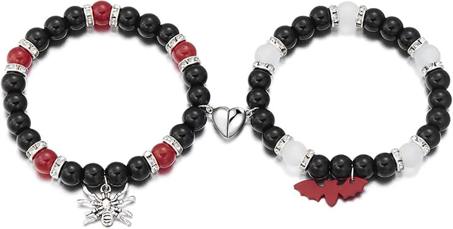 Halloween Bracelets Matching Bracelets for Couples Friendship Bracelets Couples Spider Bat Matching Bracelets Heart Beaded Stretch Bracelets Halloween Couples Party Jewelry
