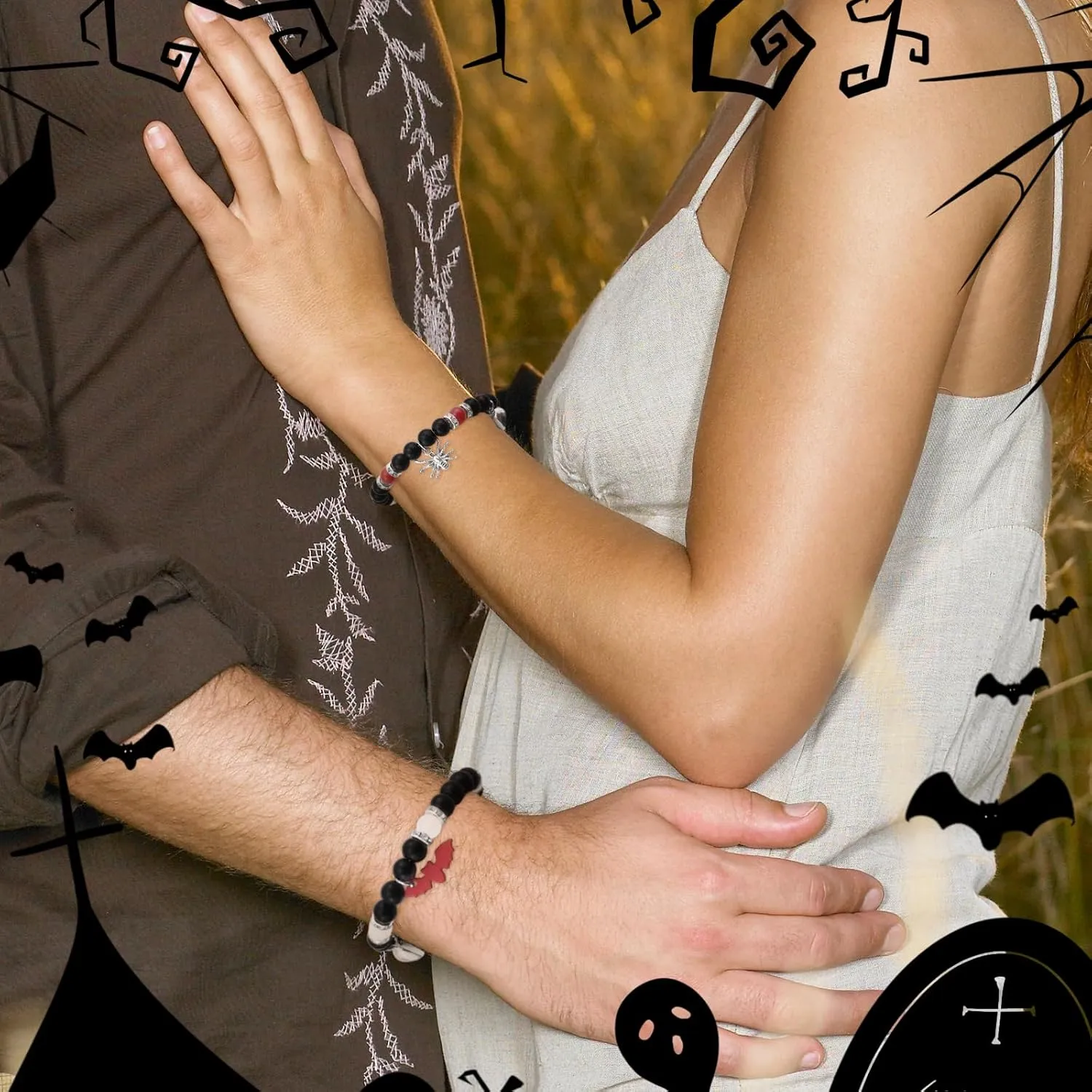 Halloween Bracelets Matching Bracelets for Couples Friendship Bracelets Couples Spider Bat Matching Bracelets Heart Beaded Stretch Bracelets Halloween Couples Party Jewelry