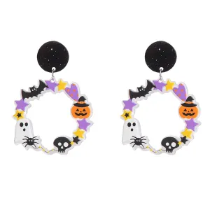 Halloween Colorful Dangle Earrings for Women Cute Spider Bat Pumpkin Cat Green Eye Earrings for Women Girls (Colorful-circle)