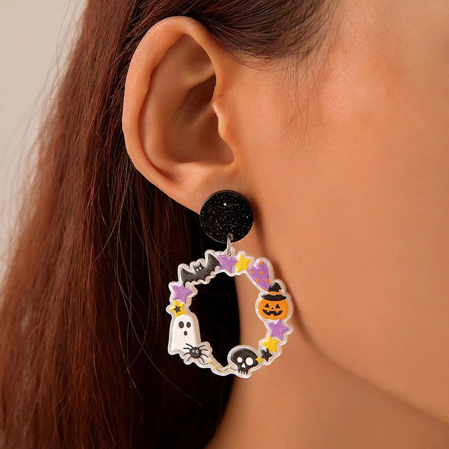 Halloween Colorful Dangle Earrings for Women Cute Spider Bat Pumpkin Cat Green Eye Earrings for Women Girls (Colorful-circle)