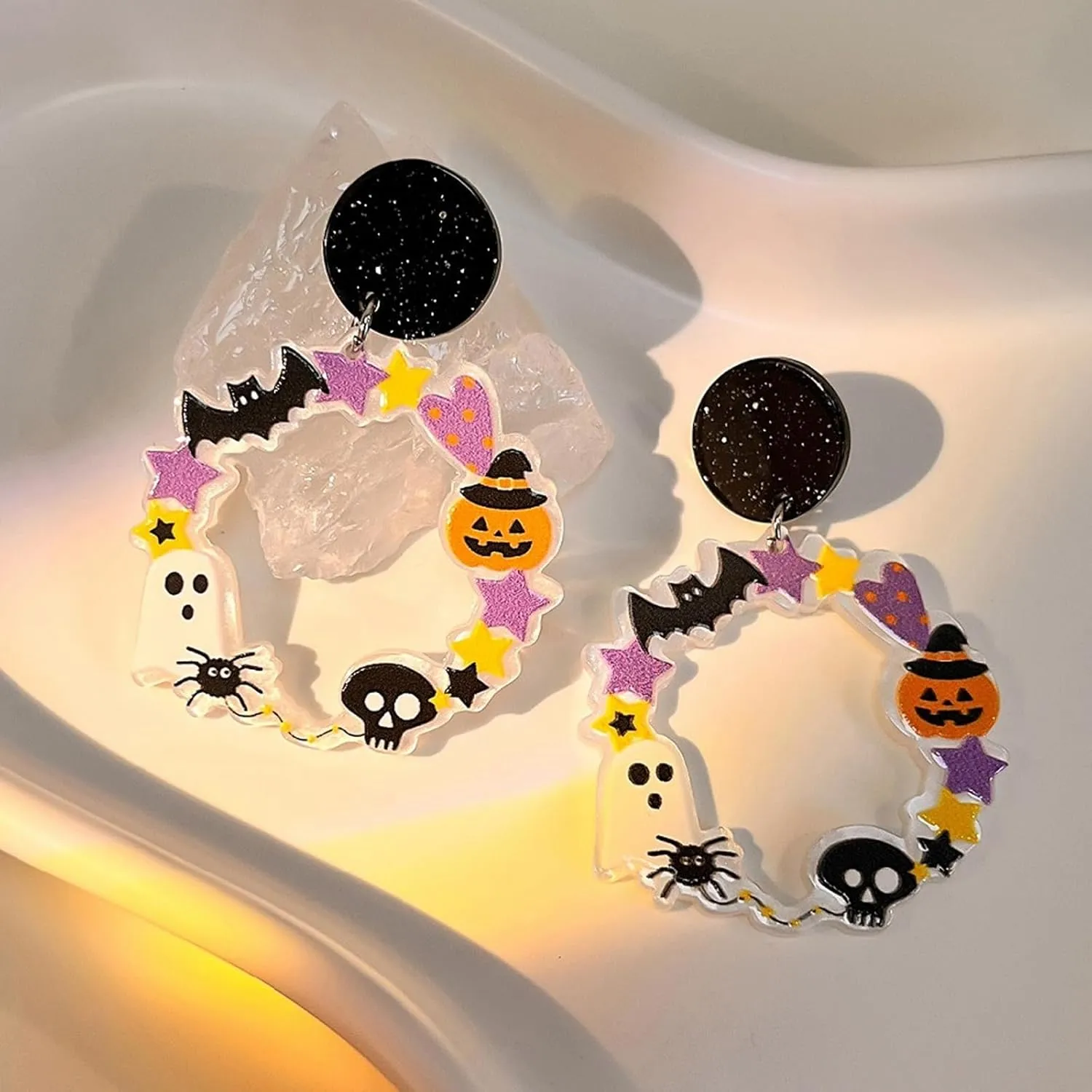 Halloween Colorful Dangle Earrings for Women Cute Spider Bat Pumpkin Cat Green Eye Earrings for Women Girls (Colorful-circle)