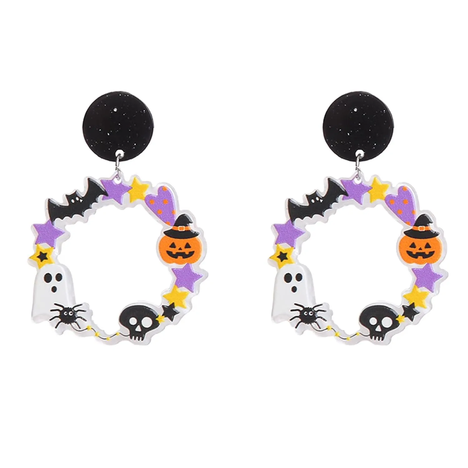 Halloween Colorful Dangle Earrings for Women Cute Spider Bat Pumpkin Cat Green Eye Earrings for Women Girls (Colorful-circle)