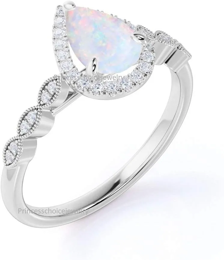 Halo Teardrop Bridal Created Pear Shaped White Opal Round Cubic Zirconia 925 Sterling Silver Engagement Ring
