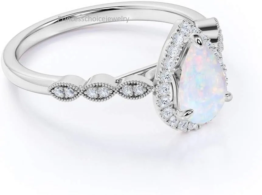 Halo Teardrop Bridal Created Pear Shaped White Opal Round Cubic Zirconia 925 Sterling Silver Engagement Ring