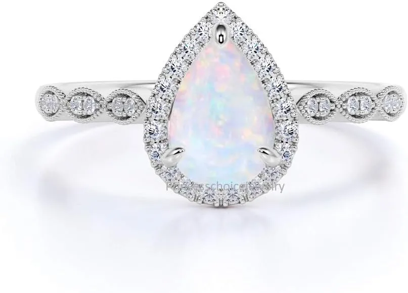 Halo Teardrop Bridal Created Pear Shaped White Opal Round Cubic Zirconia 925 Sterling Silver Engagement Ring