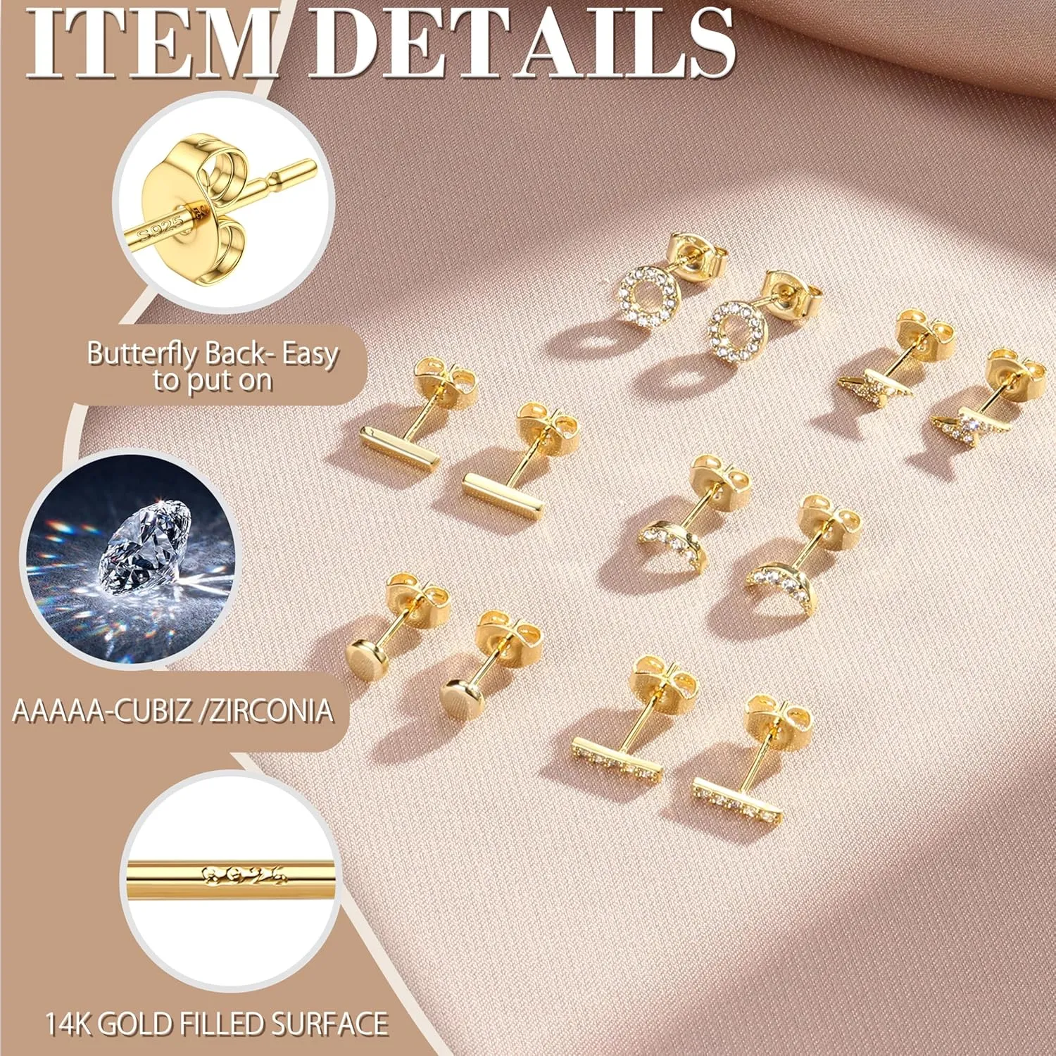 Hayoso 6 Pairs Sterling Silver Stud Earrings Hypoallergenic Earrings Stud Bar Circle CZ Stud Earrings Lightning Bolt Earrings Tiny Stud Earrings Set White Gold Plated Cartilage Earrings Studs for Women