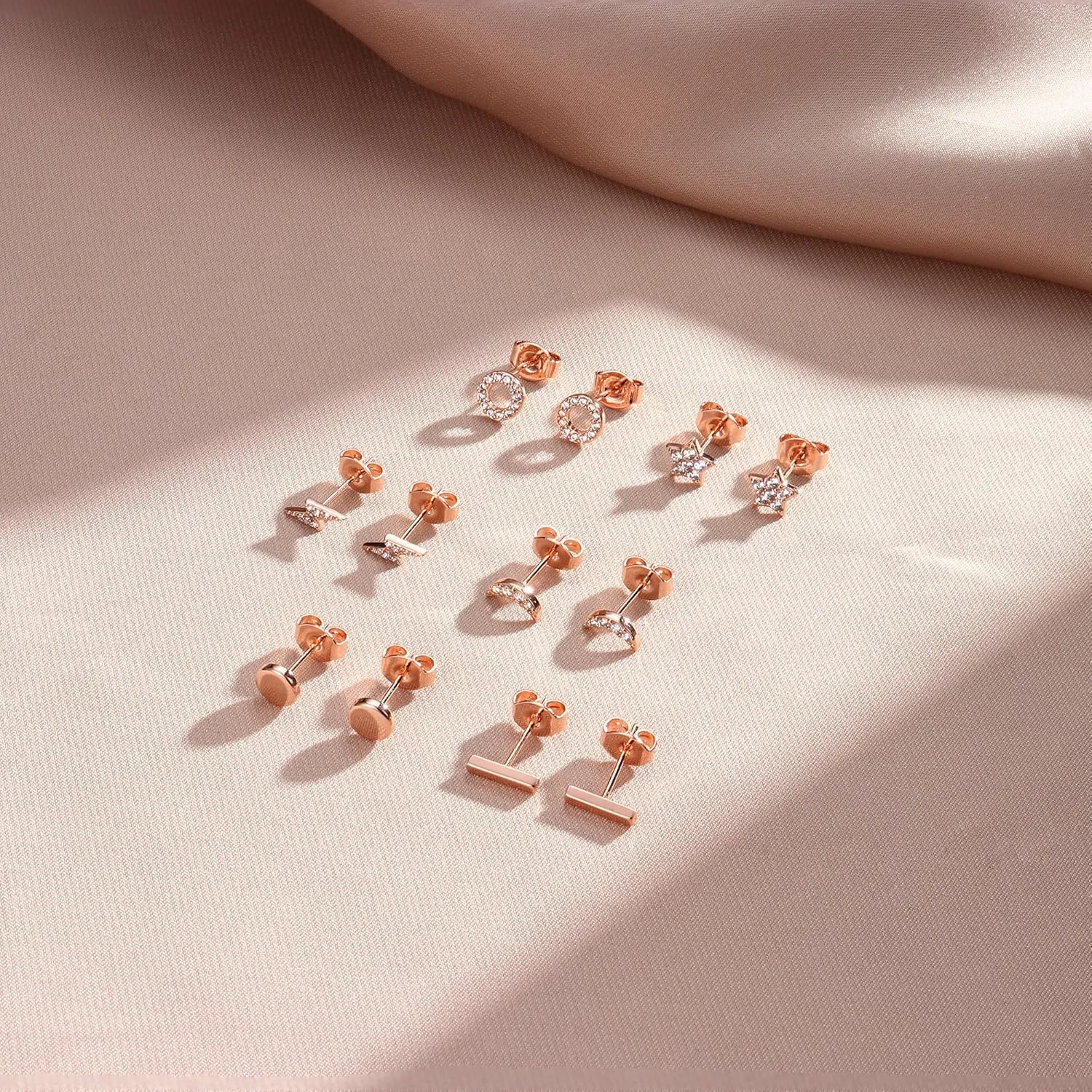 Hayoso 6 Pairs Sterling Silver Stud Earrings Hypoallergenic Earrings Stud Bar Circle CZ Stud Earrings Lightning Bolt Earrings Tiny Stud Earrings Set White Gold Plated Cartilage Earrings Studs for Women