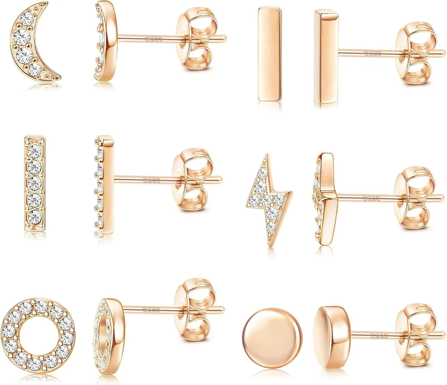 Hayoso 6 Pairs Sterling Silver Stud Earrings Hypoallergenic Earrings Stud Bar Circle CZ Stud Earrings Lightning Bolt Earrings Tiny Stud Earrings Set White Gold Plated Cartilage Earrings Studs for Women