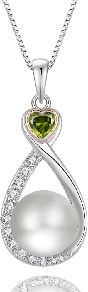 Heart Birthstone Pearl Pendant Necklace, 925 Sterling Silver Infinity Necklace with 10mm Freshwater Cultured Pearl & 4mm Gemstone Jewelry for Women